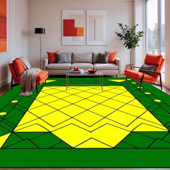 ODIKA 5'x7' Machine Washable Non-Slip Area Rug, Vibrant Pineapple Motif With Stylized Geometric Fruit High Traffic Rug, Green, 232873