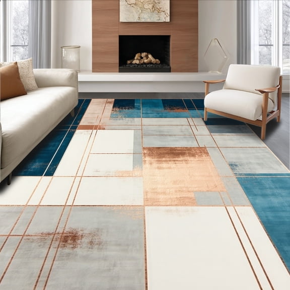 ODIKA 5' x 7' Machine Washable Non-Slip Area Rug, Geometric Grid High Traffic Rug, Blue, 168674