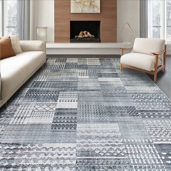 ODIKA 5' x 7' Machine Washable Non-Slip Area Rug, Geometric Grid High Traffic Rug, Gray, 262332