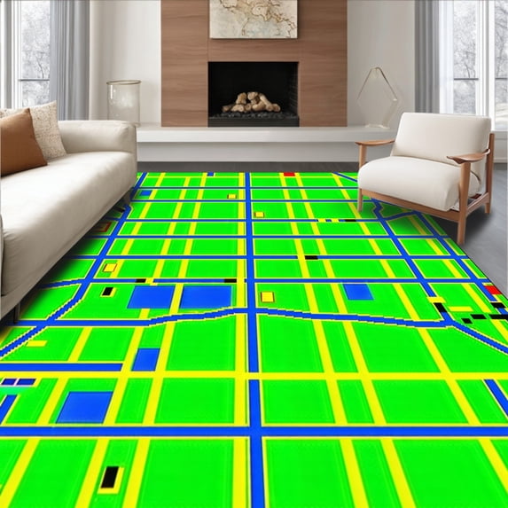 ODIKA 5'x7' Machine Washable Non-Slip Area Rug, Whimsical Traffic Route Imagery High Traffic Rug, Green, 36558