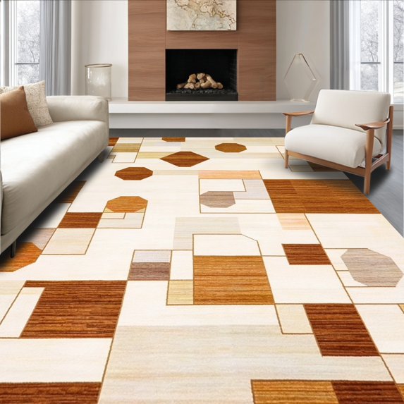 ODIKA 5' x 7' Machine Washable Non-Slip Area Rug, Geometric Hexagon High Traffic Rug, Beige, 191390