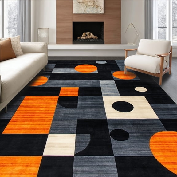 ODIKA 5'x7' Machine Washable Non-Slip Area Rug, Dynamic Black Base with Orange and Gray Geometric Motifs High Traffic Rug, Black, 66624