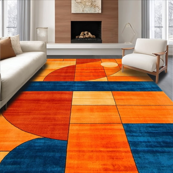 ODIKA 5'x7' Machine Washable Non-Slip Area Rug, Retro Architectural Inspired Decorative With Striking Design High Traffic Rug, Orange, 136890