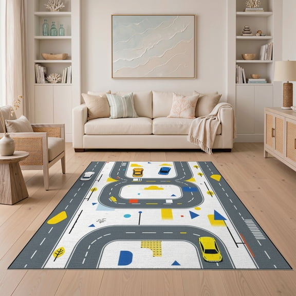 ODIKA 5'x7' Machine Washable Non-Slip Area Rug, Interactive Play Modern Car for Playroom Fun High Traffic Rug, Gray, 71490