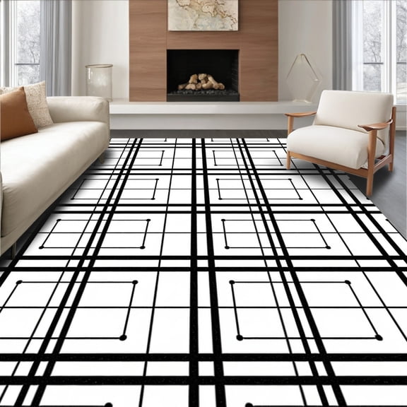 ODIKA 5' x 7' Machine Washable Non-Slip Area Rug, Geometric grid High Traffic Rug, Black, 593483