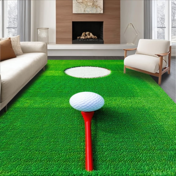 ODIKA 5'x7' Machine Washable Non-Slip Area Rug, Playful Golf Themed Welcome with Humorous Tee Off Design High Traffic Rug, Green, 100511