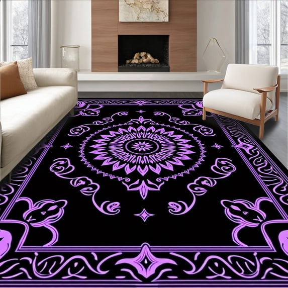 ODIKA 5'x7' Machine Washable Non-Slip Area Rug, Medallion with Intricate Symmetrical Lotus Motifs High Traffic Rug, Black, 551244