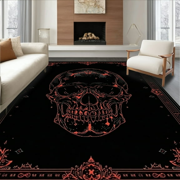 ODIKA 5' x 7' Machine Washable Non-Slip Area Rug, Gothic Skull High Traffic Rug, Black, 19239