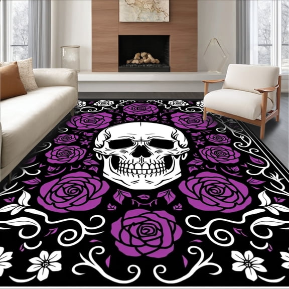 ODIKA 5' x 7' Machine Washable Non-Slip Area Rug, Gothic Skull High Traffic Rug, Black, 750411