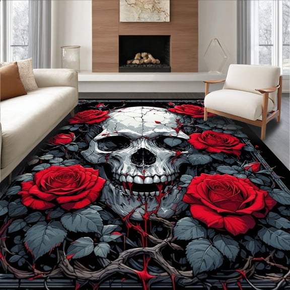 ODIKA 5'x7' Machine Washable Non-Slip Area Rug, Rebel Rose Skull Anti Slip Multipurpose Gothic Floral Design High Traffic Rug, Red, 70862