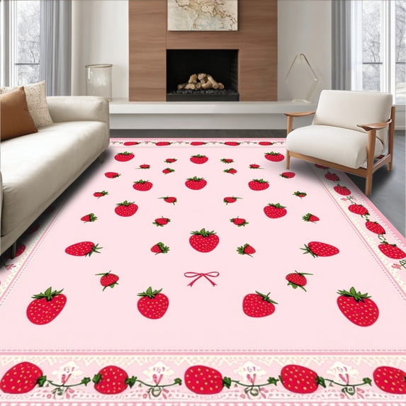 ODIKA 5' x 7' Machine Washable Non-Slip Area Rug, Kawaii Strawberry High Traffic Rug, Pink, 41407