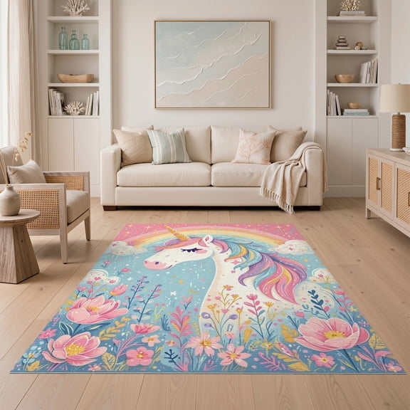 ODIKA 5'x7' Machine Washable Non-Slip Area Rug, Unicorn Rainbow for Little Girl Room Pink High Traffic Rug, Pink, 47696