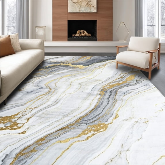 ODIKA 5'x7' Machine Washable Non-Slip Area Rug, Room Floor Modern Marble Effect High Traffic Rug, Gray, 133974