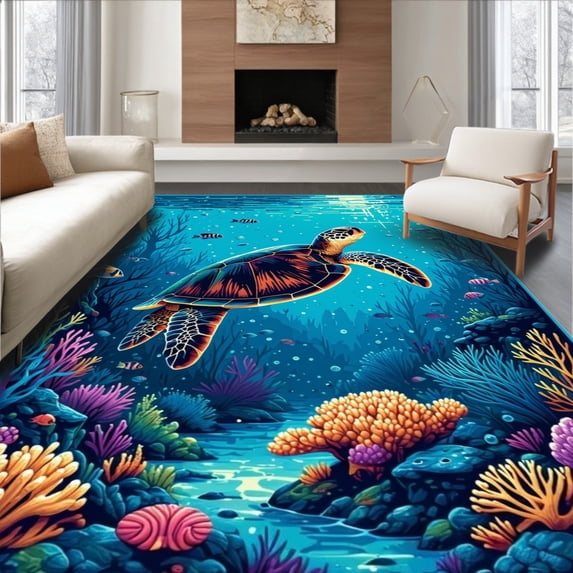 ODIKA 5'x7' Machine Washable Non-Slip Area Rug, Fresh Ocean Breeze Palette High Traffic Rug, Blue, 32059