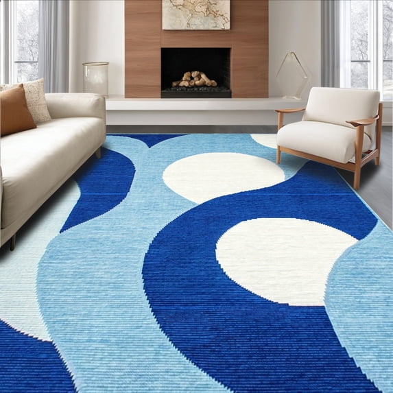 ODIKA 5'x7' Machine Washable Non-Slip Area Rug, Abstract Art Style for and High Traffic Rug, Blue, 146980
