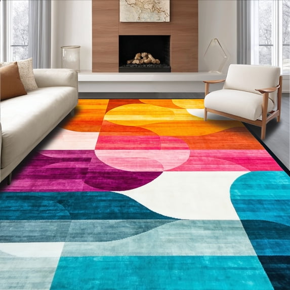 ODIKA 5'x7' Machine Washable Non-Slip Area Rug, Charming Geometric with Multi Colored Accents and Intricate Design High Traffic Rug, Orange, 144914
