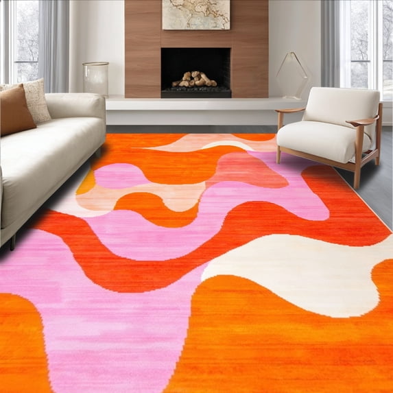 ODIKA 5'x7' Machine Washable Non-Slip Area Rug, Colorful Abstract with Swirls High Traffic Rug, Orange, 145356