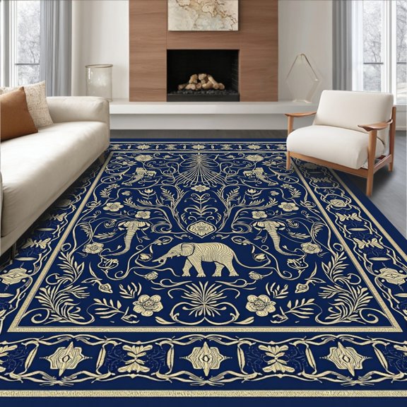ODIKA 5' x 7' Machine Washable Non-Slip Area Rug, Middle Eastern Elephant High Traffic Rug, Blue, 287250