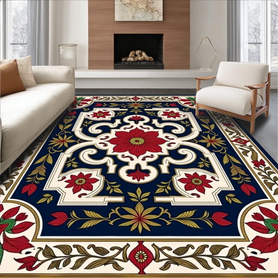 ODIKA 5' x 7' Machine Washable Non-Slip Area Rug, Middle Eastern Flower High Traffic Rug, Blue, 414443