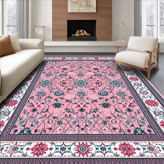 ODIKA 5'x7' Machine Washable Non-Slip Area Rug, Luxurious Black and Floral High Traffic Rug, Pink, 10759