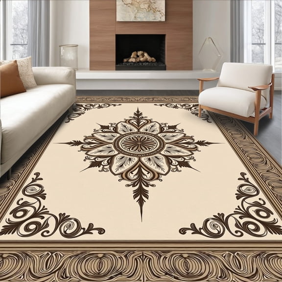 ODIKA 5' x 7' Machine Washable Non-Slip Area Rug, Middle Eastern Medallion High Traffic Rug, Beige, 375208