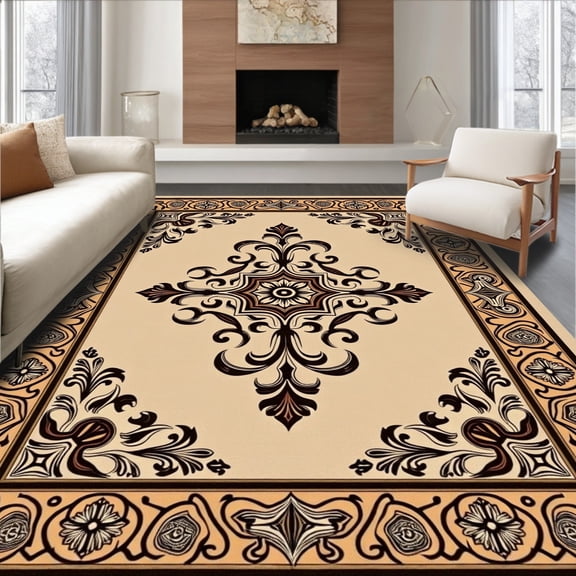 ODIKA 5' x 7' Machine Washable Non-Slip Area Rug, Middle Eastern Medallion High Traffic Rug, Beige, 404141
