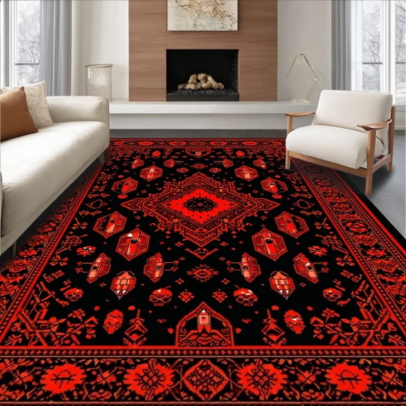 ODIKA 5'x7' Machine Washable Non-Slip Area Rug, Elegant Macabre Themed Accent High Traffic Rug, Black, 26495