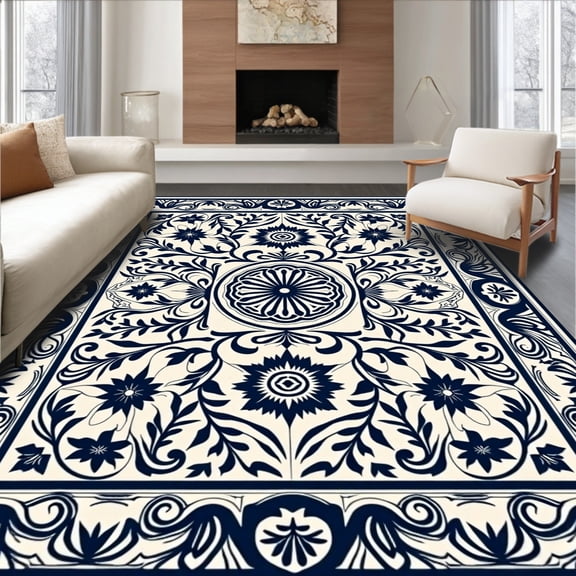 ODIKA 5' x 7' Machine Washable Non-Slip Area Rug, Middle Eastern Medallion High Traffic Rug, Blue, 388975