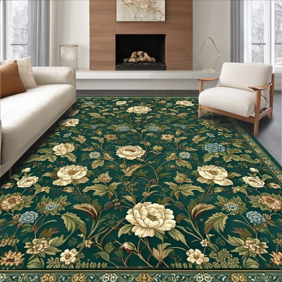 ODIKA 5' x 7' Machine Washable Non-Slip Area Rug, Middle Eastern Peony High Traffic Rug, Green, 17524