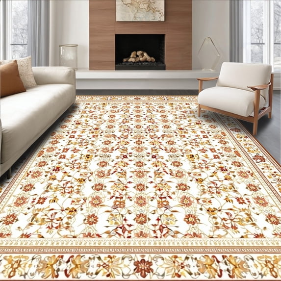 ODIKA 5'x7' Machine Washable Non-Slip Area Rug, Rustic Canyon Ornamental High Traffic Rug, White, 63586