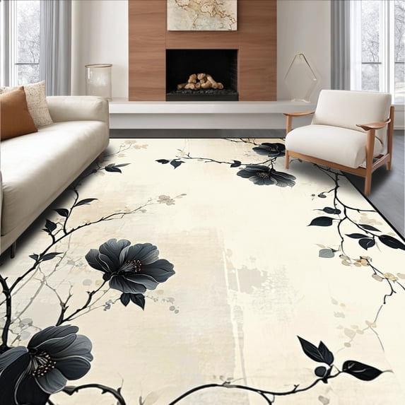 ODIKA 5'x7' Machine Washable Non-Slip Area Rug, Modern Stylized Bloom Floor with Bold Petal High Traffic Rug, Black, 121875