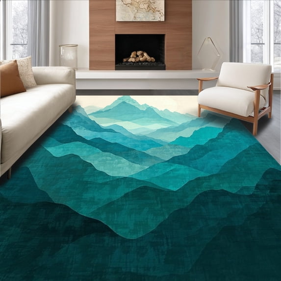 ODIKA 5'x7' Machine Washable Non-Slip Area Rug, Abstract Mountain Range Horizon With Secure Foundation For High Traffic Rug, Teal, 154413