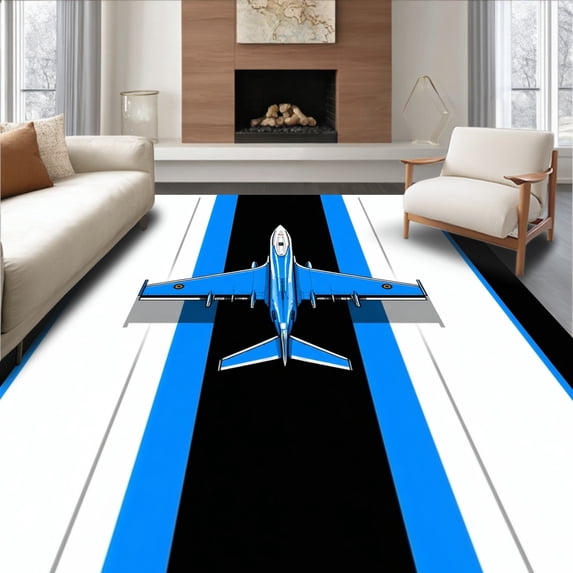 ODIKA 5'x7' Machine Washable Non-Slip Area Rug, Modern Aviation Graphic Aesthetic High Traffic Rug, Blue, 28708