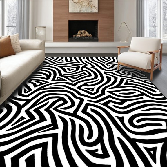 ODIKA 5' x 7' Machine Washable Non-Slip Area Rug, Op Art Maze High Traffic Rug, Black, 324953