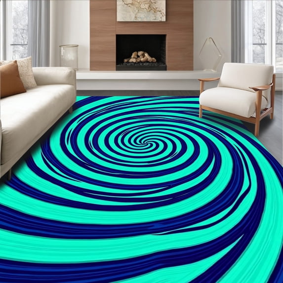 ODIKA 5' x 7' Machine Washable Non-Slip Area Rug, Op Art Spiral High Traffic Rug, Teal, 440981