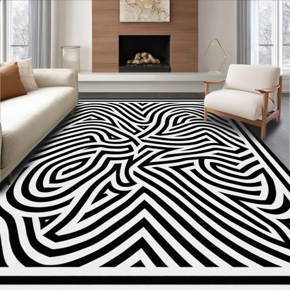ODIKA 5' x 7' Machine Washable Non-Slip Area Rug, Op Art Wave High Traffic Rug, Black, 371567