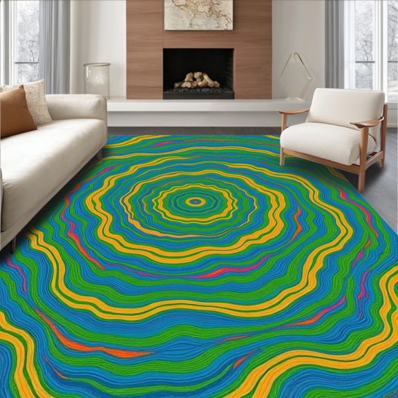 ODIKA 5' x 7' Machine Washable Non-Slip Area Rug, Op Art Wave High Traffic Rug, Blue, 446746