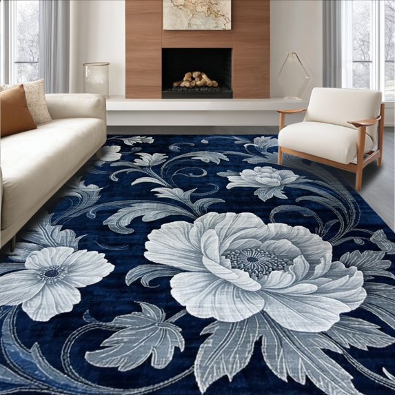 ODIKA 5'x7' Machine Washable Non-Slip Area Rug, Midnight Bloom Abstract Floral High Traffic Rug, Blue, 123531