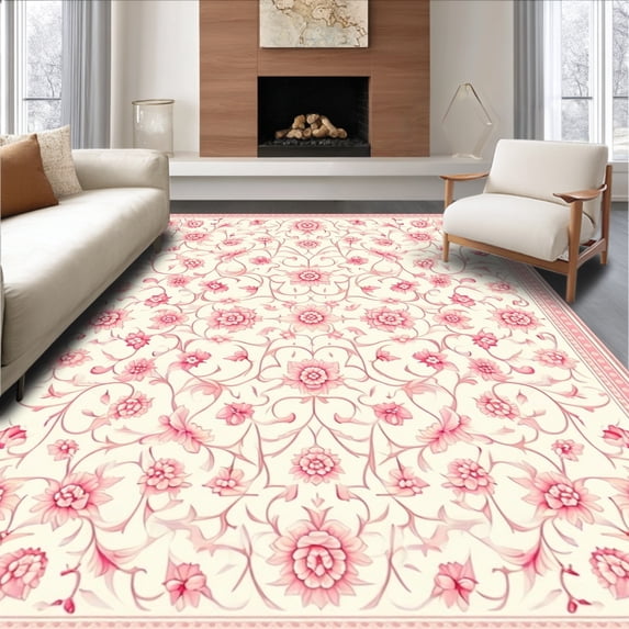 ODIKA 5'x7' Machine Washable Non-Slip Area Rug, Chic Cotton Inspired Round Featuring Ornate Geometric Floral Design High Traffic Rug, Pink, 131183