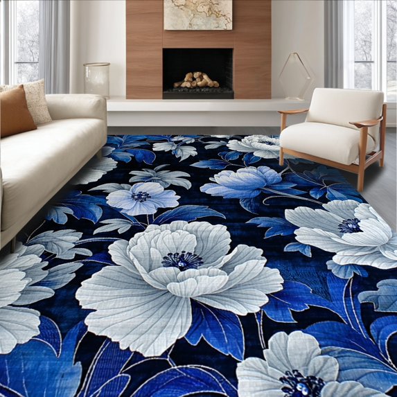 ODIKA 5'x7' Machine Washable Non-Slip Area Rug, Midnight Bloom Abstract Floral Design for High Traffic Rug, Blue, 127262