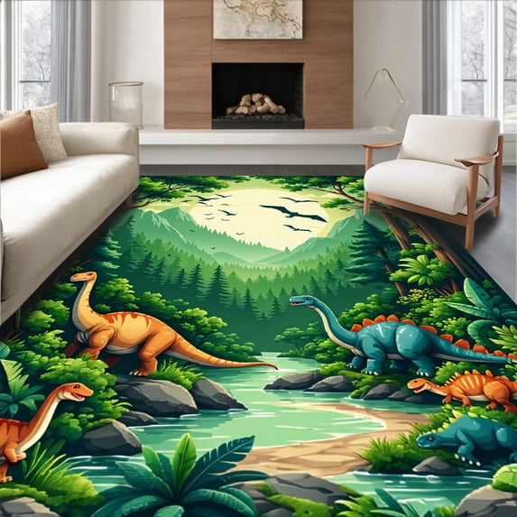 ODIKA 5'x7' Machine Washable Non-Slip Area Rug, Bright Cartoonish Dinosaur Landscape High Traffic Rug, Green, 8492