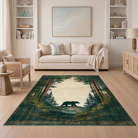 ODIKA 5'x7' Machine Washable Non-Slip Area Rug, Retreat Circular With Wilderness Scene and Bear Artwork High Traffic Rug, Green, 138353