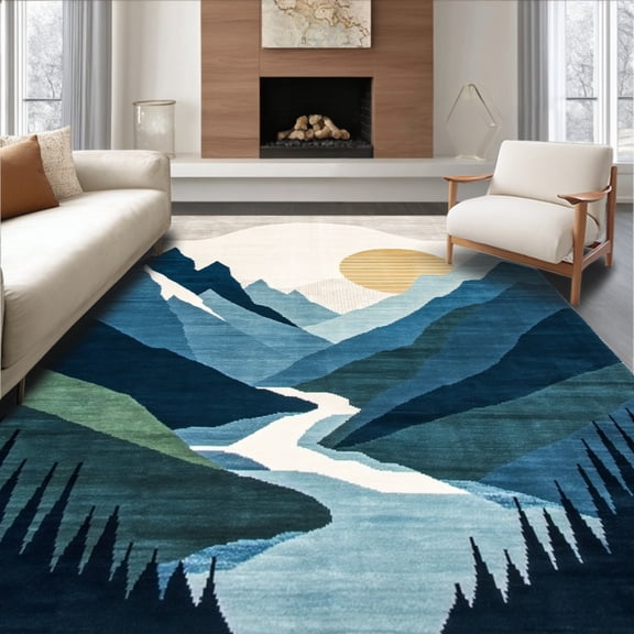 ODIKA 5' x 7' Machine Washable Non-Slip Area Rug, Scandinavian Mountain High Traffic Rug, Blue, 282210