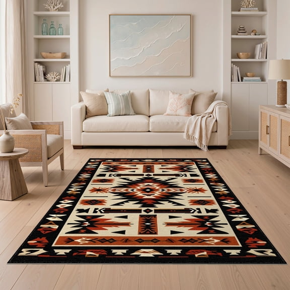 ODIKA 5'x7' Machine Washable Non-Slip Area Rug, Earthy Toned Art Design High Traffic Rug, Beige, 25985