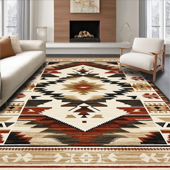 ODIKA 5' x 7' Machine Washable Non-Slip Area Rug, Southwestern Medallion High Traffic Rug, Beige, 25986