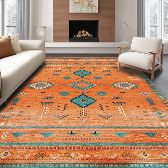ODIKA 5'x7' Machine Washable Non-Slip Area Rug, Radiant Earth Tones Abstract Design High Traffic Rug, Orange, 32894