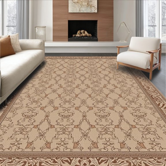 ODIKA 5' x 7' Machine Washable Non-Slip Area Rug, Traditional Trellis High Traffic Rug, Beige, 314325