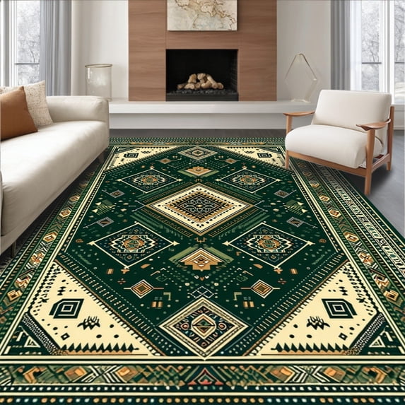 ODIKA 5' x 7' Machine Washable Non-Slip Area Rug, Tribal Diamond High Traffic Rug, Green, 226991