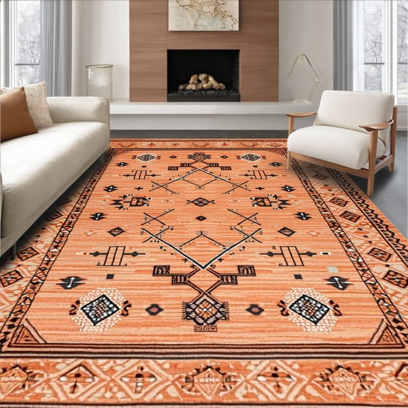 ODIKA 5'x7' Machine Washable Non-Slip Area Rug, Warm Arrangement High Traffic Rug, Orange, 20173