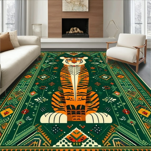 ODIKA 5'x7' Machine Washable Non-Slip Area Rug, Bold Tropical Tiger Motif High Traffic Rug, Orange, 30188
